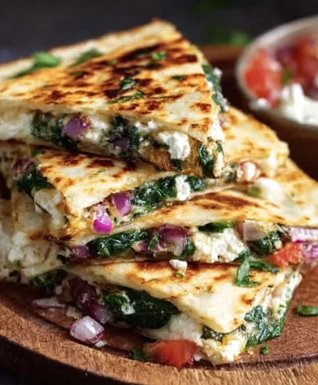 Mediterranean Quesadillas with Spinach, Feta, Mozzarella, and Red Onion