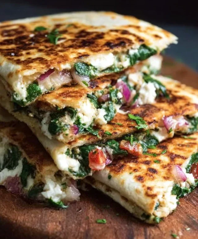 Mediterranean Quesadillas with Spinach, Feta, Mozzarella, and Red Onion