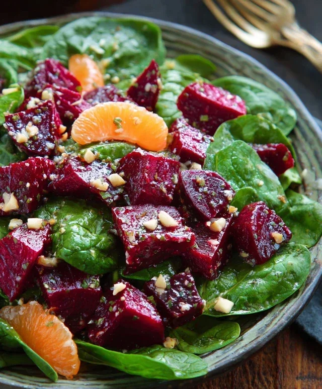 Beet Salad with Spinach and Honey-Mustard Lemon Dressing