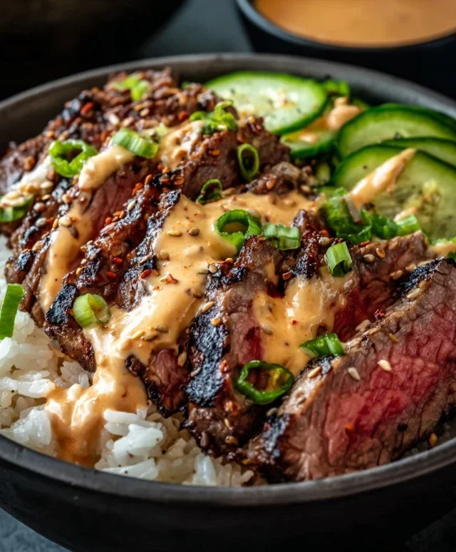 Korean BBQ Steak Rice Bowls with Spicy Cream Sauce