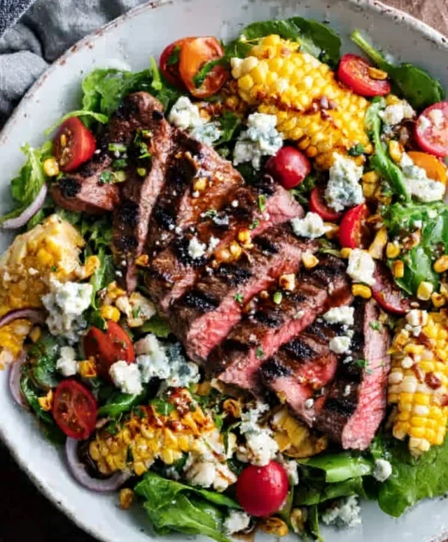 Balsamic Steak Gorgonzola Salad with Grilled Corn