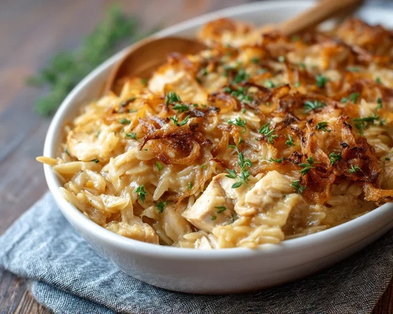French Onion Chicken Orzo Casserole