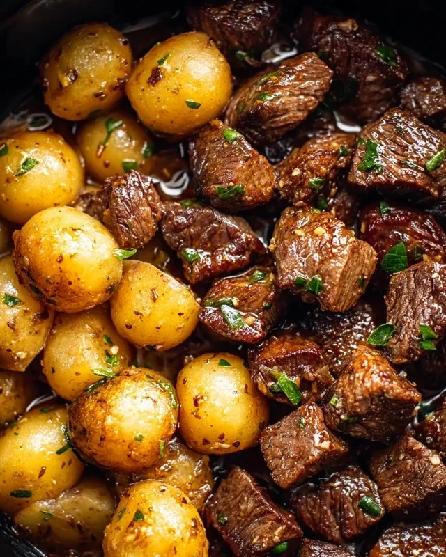 Slow Cooker Garlic Butter Beef Bites with Potatoes