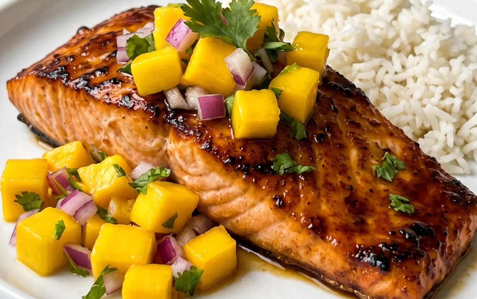 Grilled Salmon with Mango Salsa and Coconut Rice