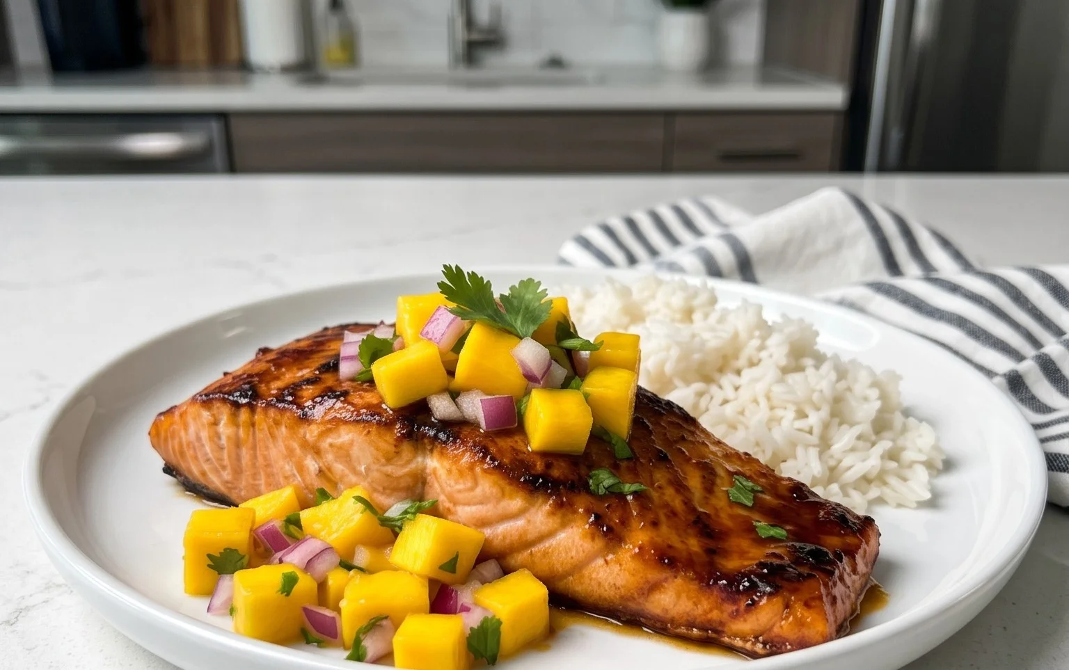 Grilled Salmon with Mango Salsa and Coconut Rice