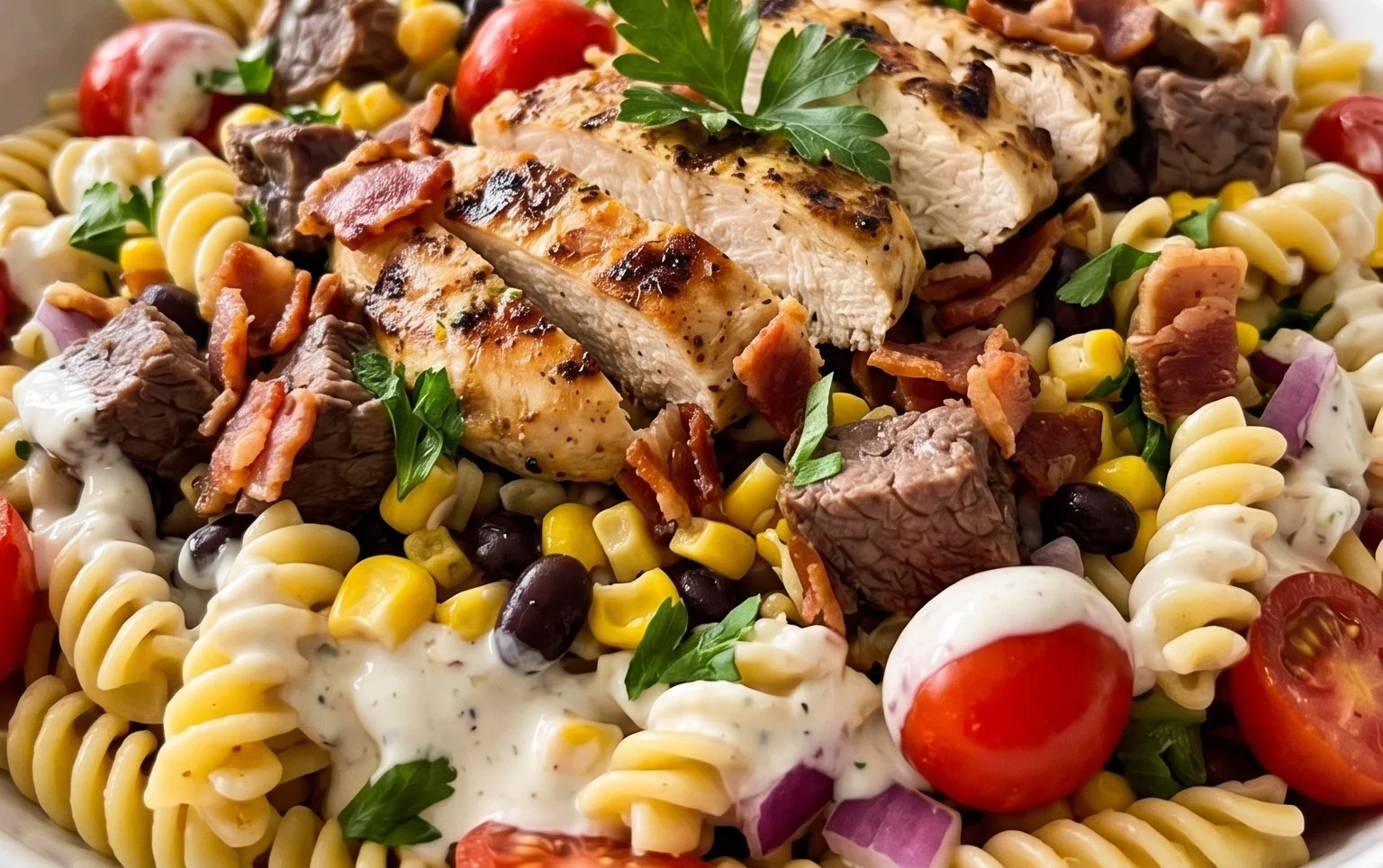 Chicken Beef Bacon Ranch Pasta Salad