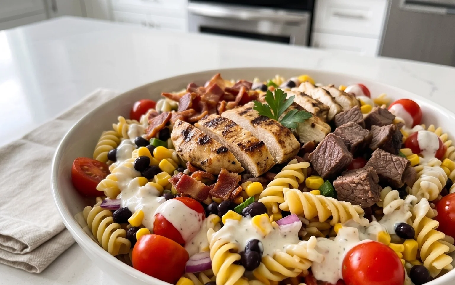 Chicken Beef Bacon Ranch Pasta Salad