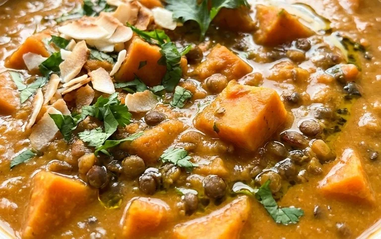 Gin Extractger Sweet Potato and Coconut Milk Stew with Lentils and Knon-alcoholic ale