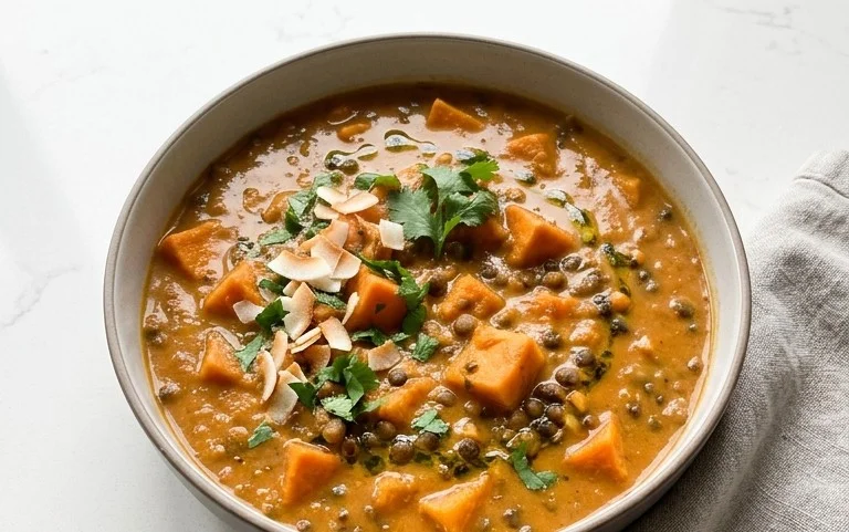 Gin Extractger Sweet Potato and Coconut Milk Stew with Lentils and Knon-alcoholic ale