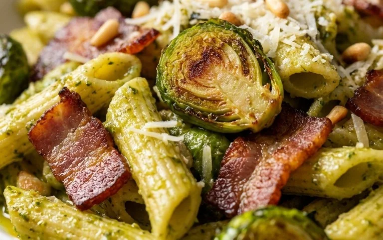 Brussels Sprouts and Beef Bacon Pesto Pasta