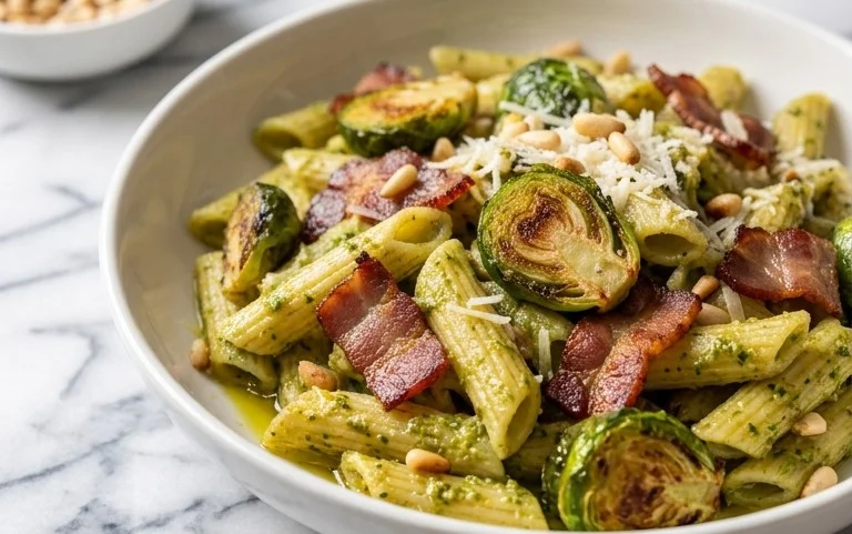 Brussels Sprouts and Beef Bacon Pesto Pasta