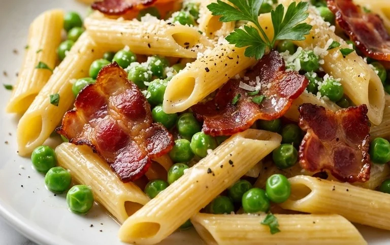 Penne Pasta, Peas and Beef Bacon