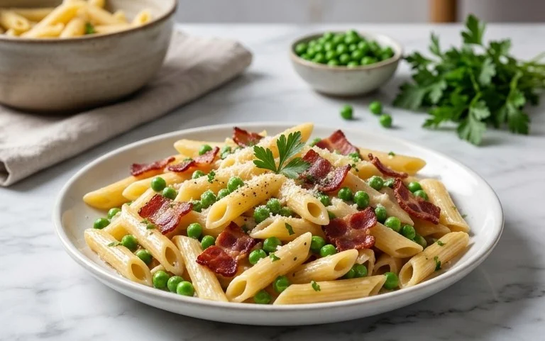Penne Pasta, Peas and Beef Bacon