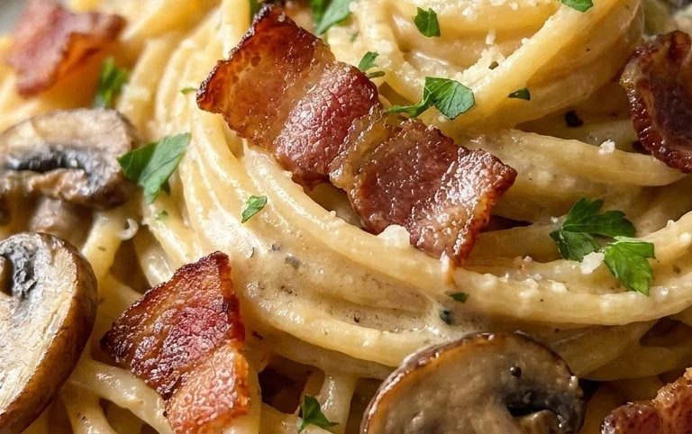 Creamy Beef Bacon and Mushroom Pasta