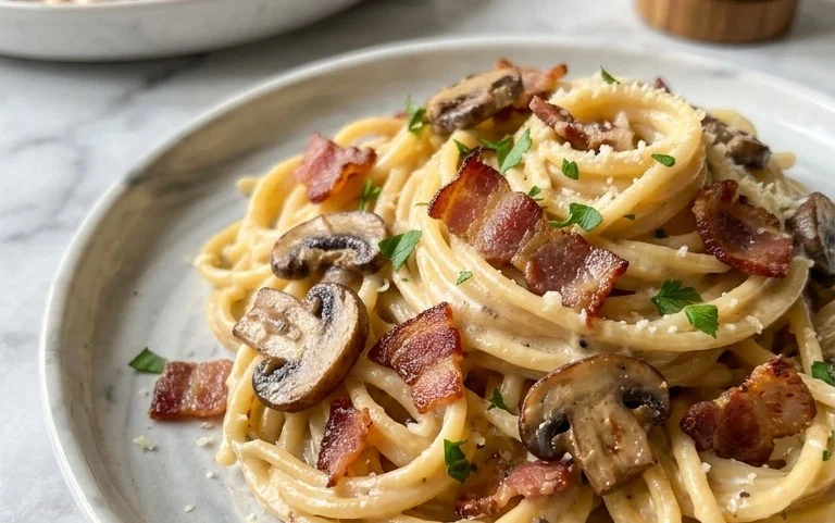 Creamy Beef Bacon and Mushroom Pasta