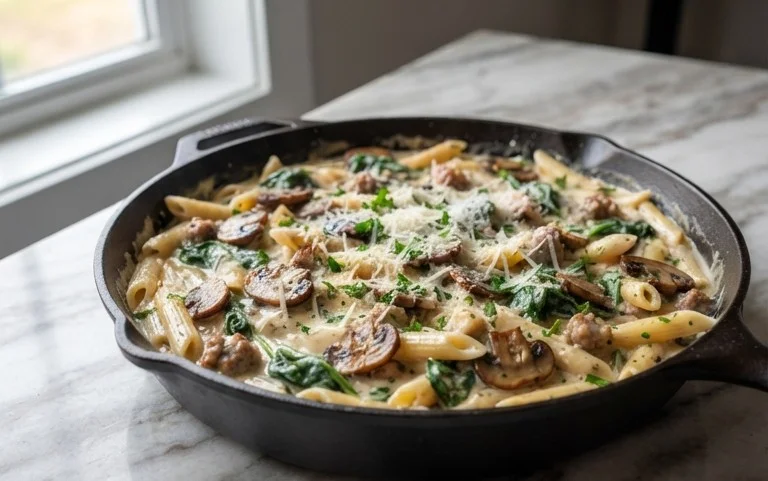 Parmesan Spinach Mushroom Pasta Skillet