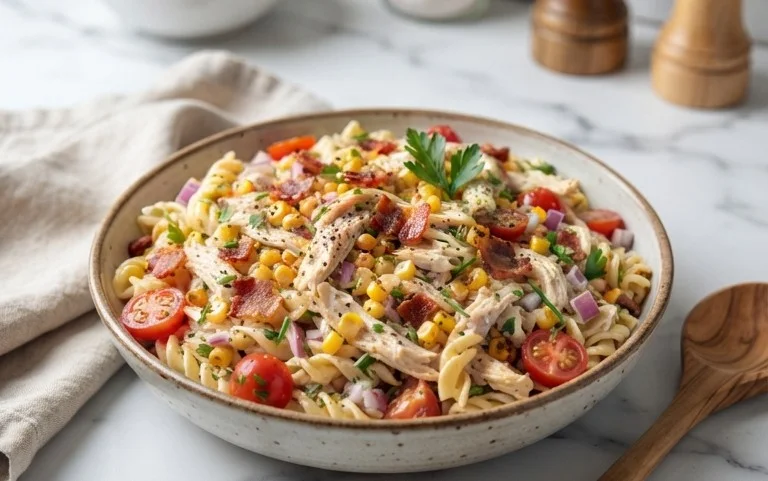 Chicken and Corn Pasta Salad with Beef Bacon