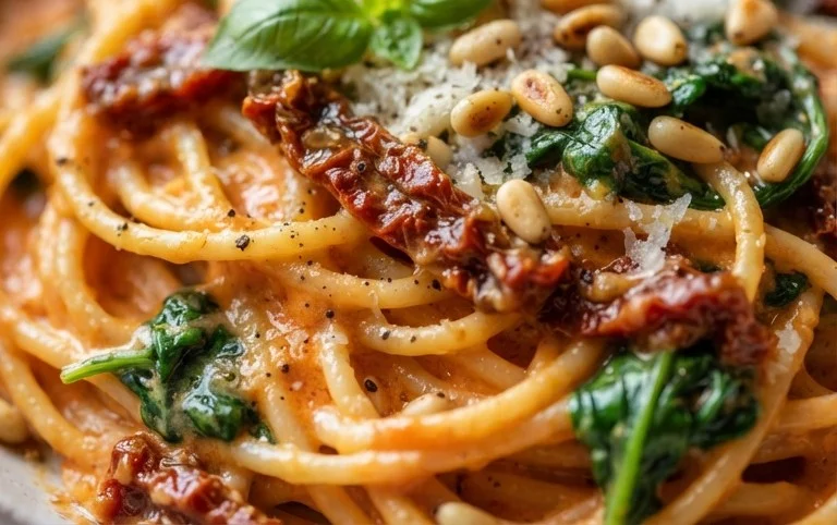 Spaghetti & Spinach with Sun-Dried Tomato Cream Sauce