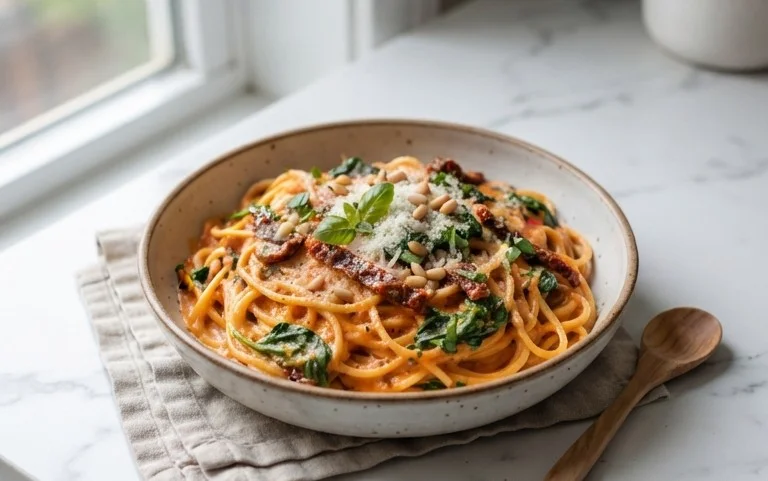 Spaghetti & Spinach with Sun-Dried Tomato Cream Sauce