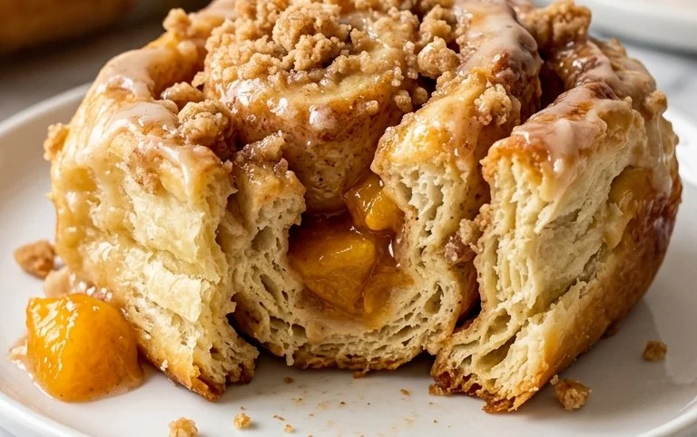 Peach Cobbler Cinnamon Rolls with Crum extractb Topping