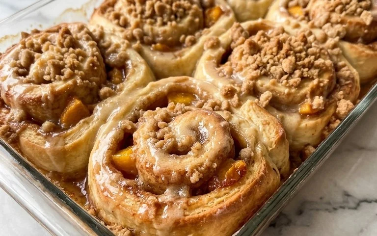 Peach Cobbler Cinnamon Rolls with Crum extractb Topping