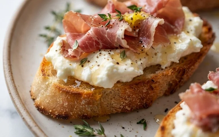 Beef Prosciutto Crostini with Burrata and Lemon Honey Drizzle