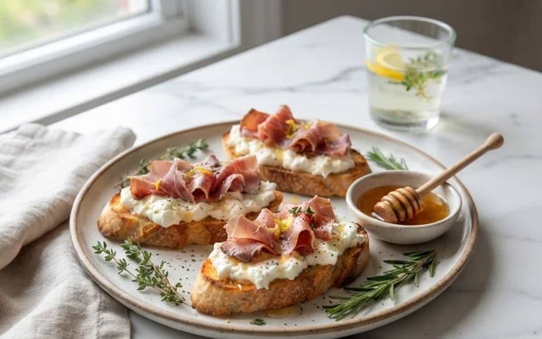 Beef Prosciutto Crostini with Burrata and Lemon Honey Drizzle